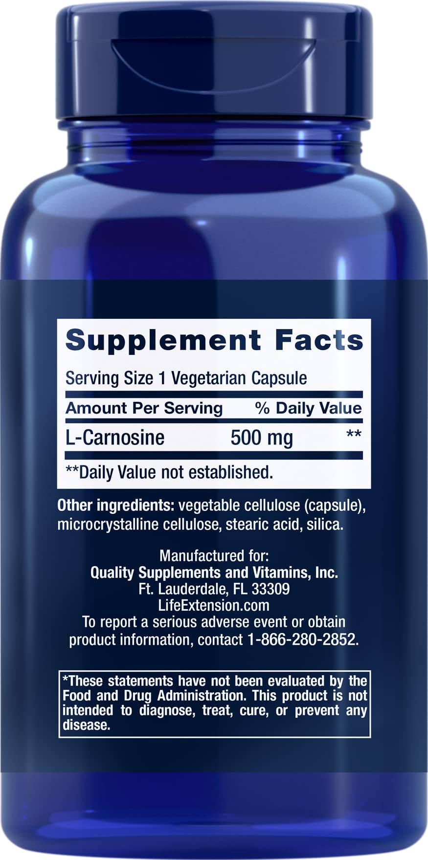 Carnosine Life Extension 500 mg 60 capsules, vue arrière