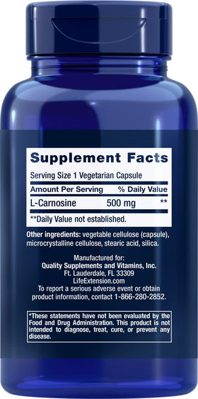 Carnosine Life Extension 500 mg 60 capsules, vue arrière
