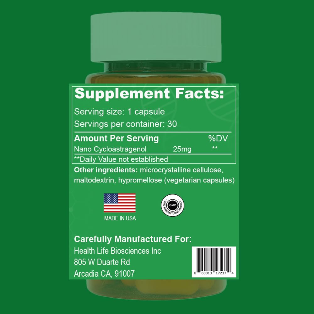 CAW Nano Cycloastragenol 25 mg bouteille avec étiquette lisible