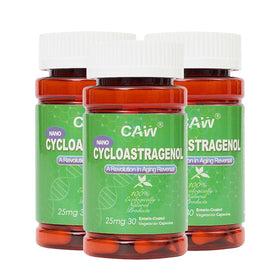 CAW Nano Cycloastragenol 25 mg bouteille vue avant, contenant 30 capsules
