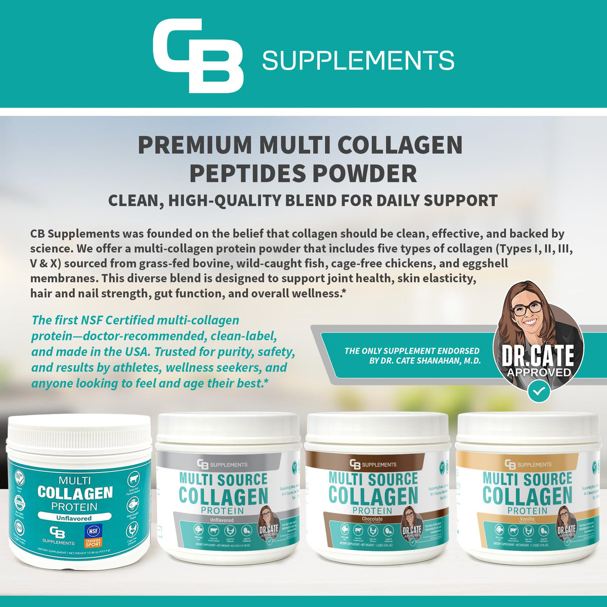 CB Supplements Multi Collagen Protein 662g côté avec texture de poudre