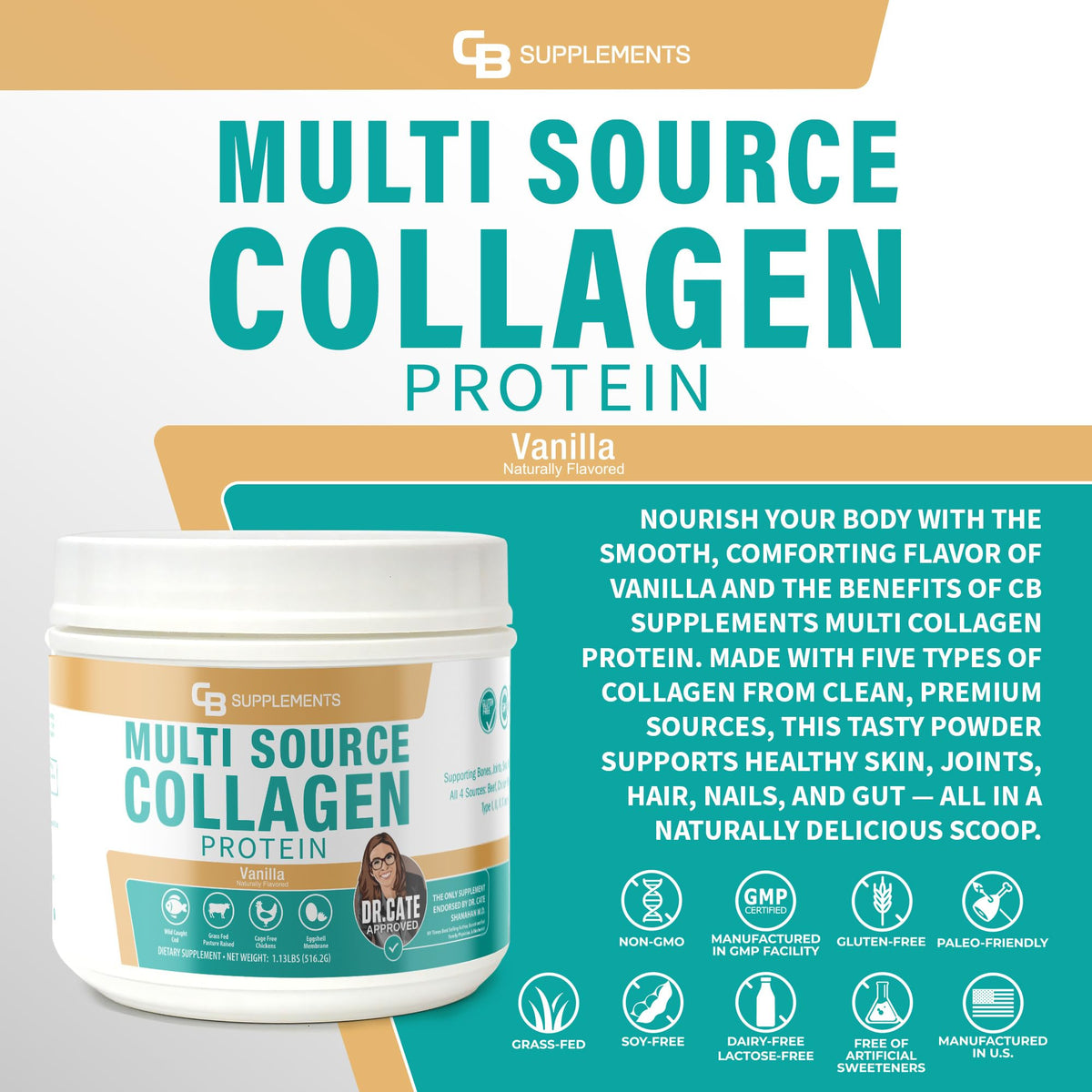 CB Supplements Multi Collagen Protein 662g poudre dans un verre