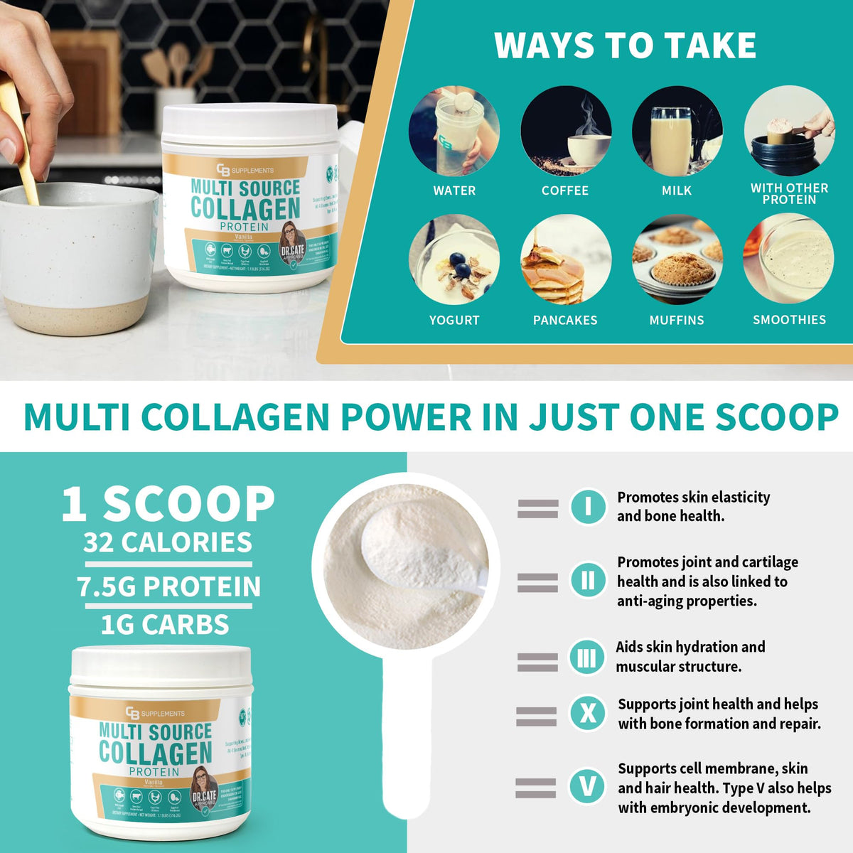 CB Supplements Multi Collagen Protein 662g présentation sur une table
