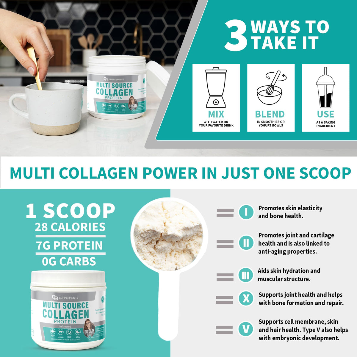 CB Supplements Protéine de Collagène Multi Types 549g avec ingrédients
