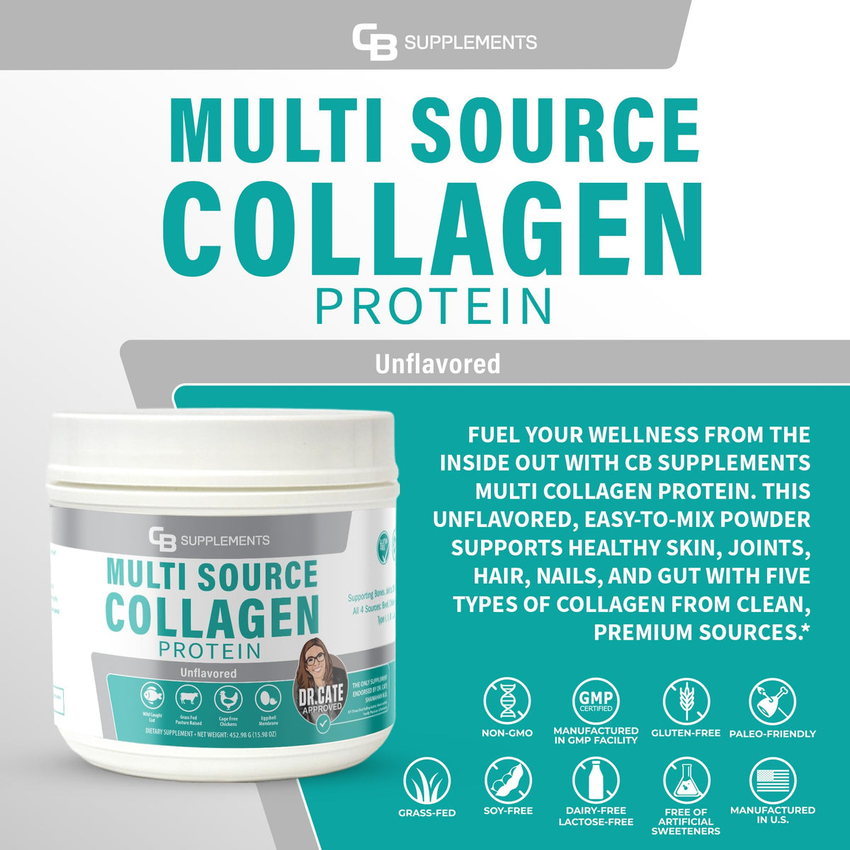 CB Supplements Protéine de Collagène Multi Types 549g étiquette