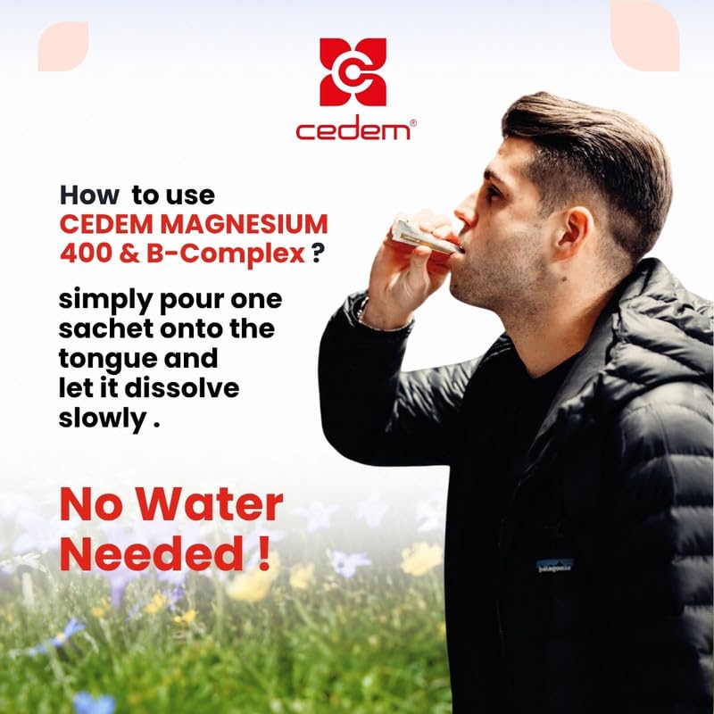 CEDEM Magnésium 400mg + B-Complex en sachets sur fond blanc