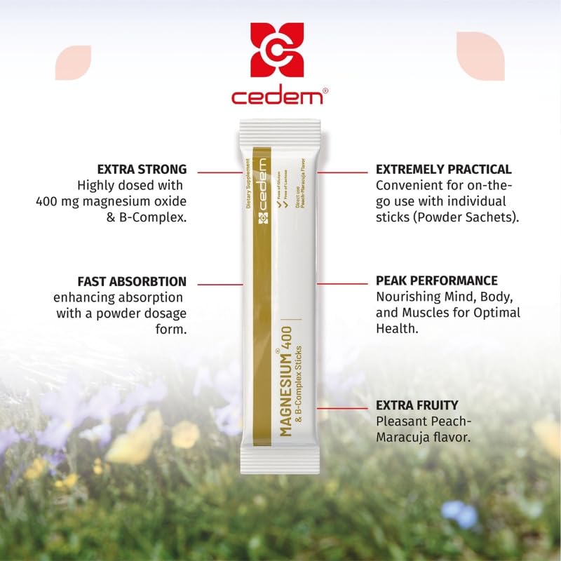 CEDEM Magnésium 400mg + B-Complex sur une table avec un verre d'eau