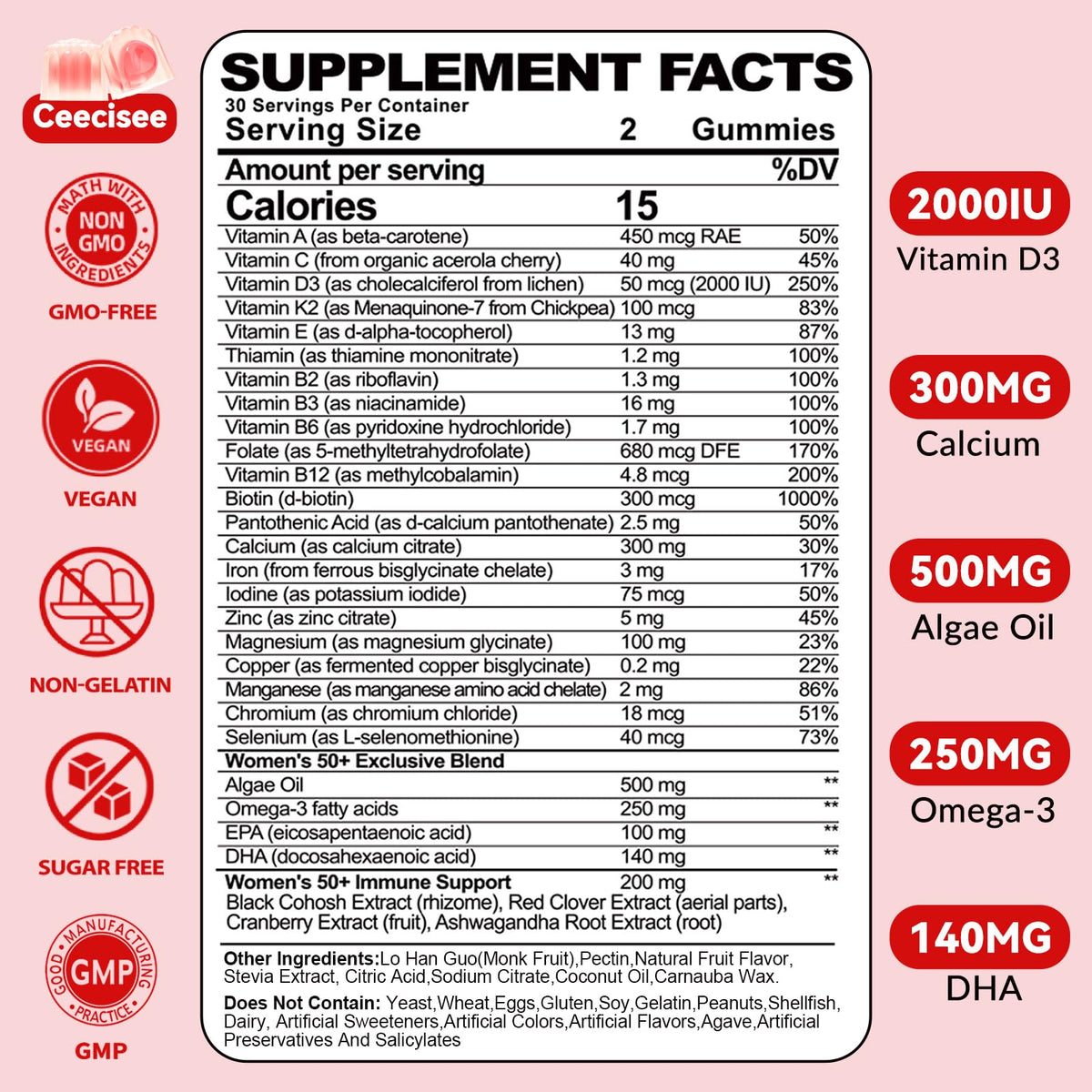 Ceecisee Gummies multivitamines 50+ Femmes, vue arrière du packaging