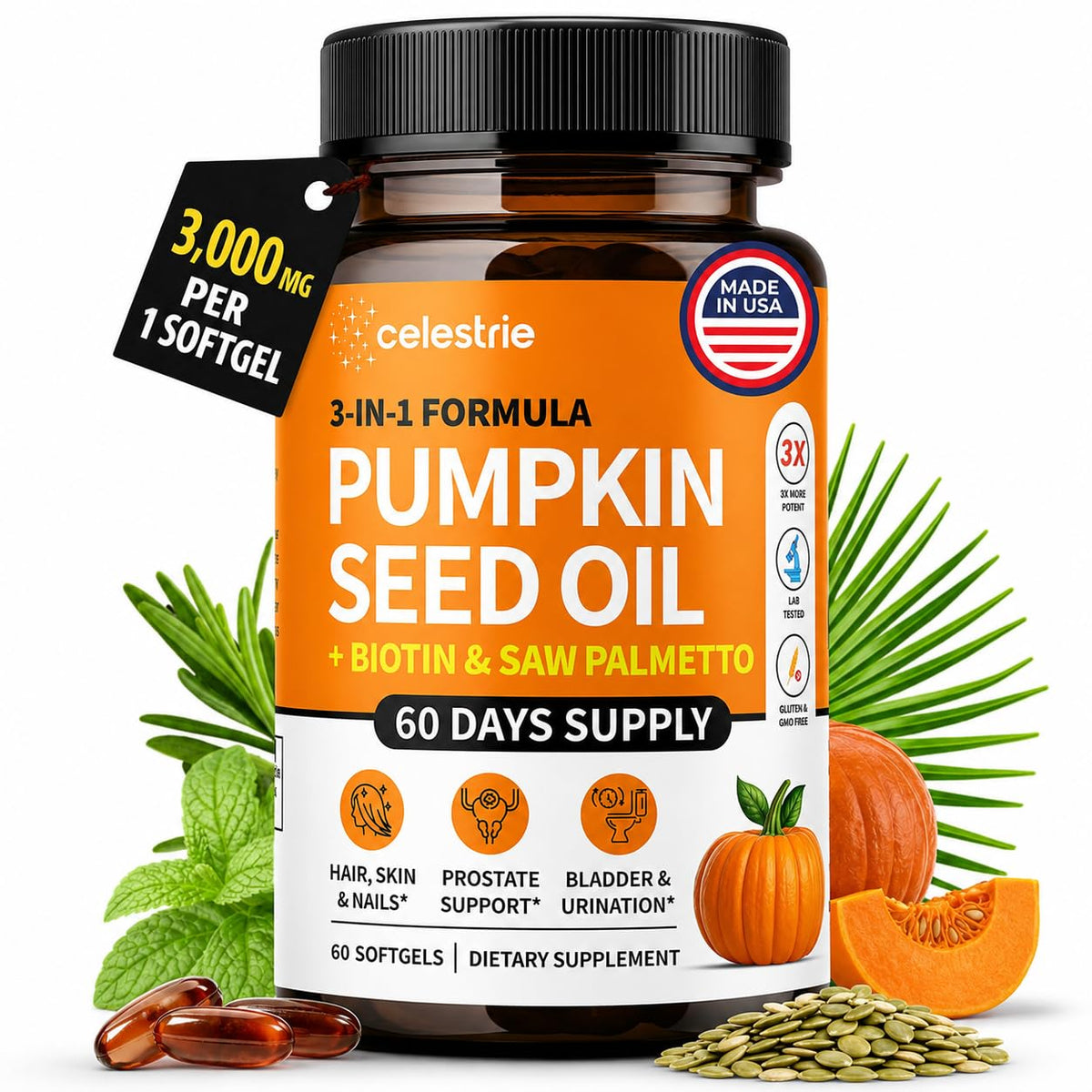 Celestrie Huile de Pépin de Citrouille 3-en-1 capsules vue de face