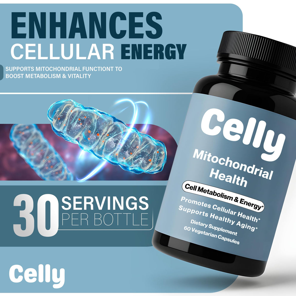 Celly Santé Mitochondriale capsules à côté de la bouteille