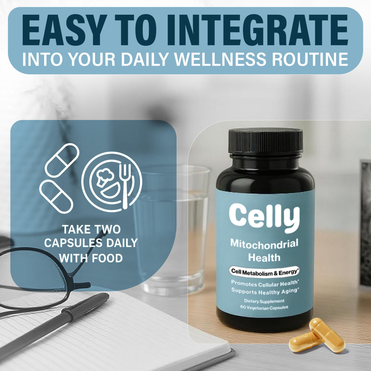 Celly Santé Mitochondriale capsules sur un fond blanc
