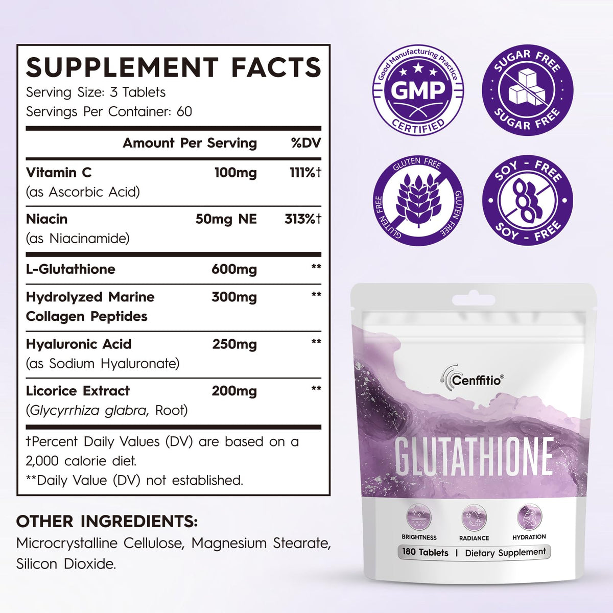 Cenffitio Glutathione 180 comprimés avec ingrédients mis en avant