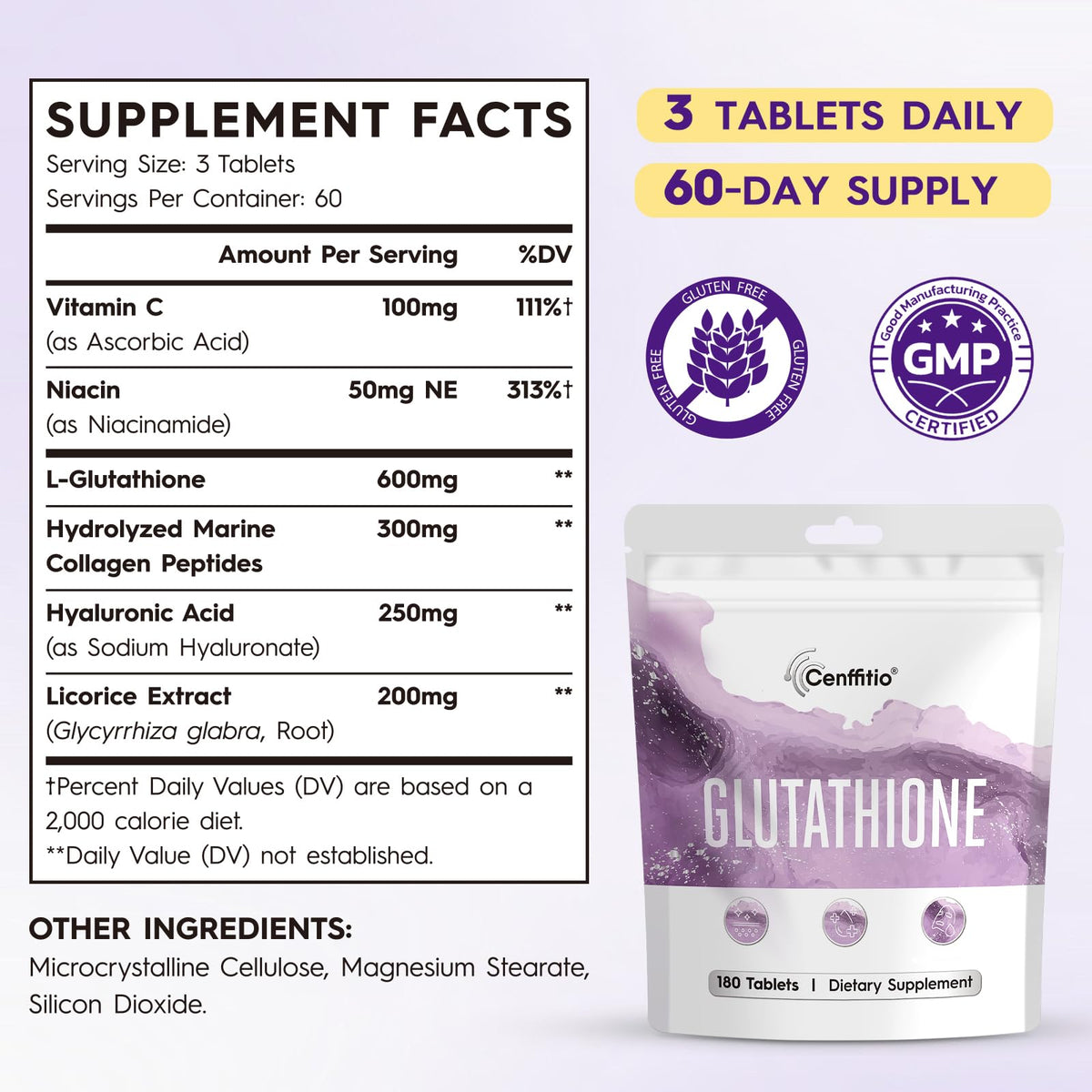 Cenffitio Glutathione 600mg avec des produits de soin de la peau
