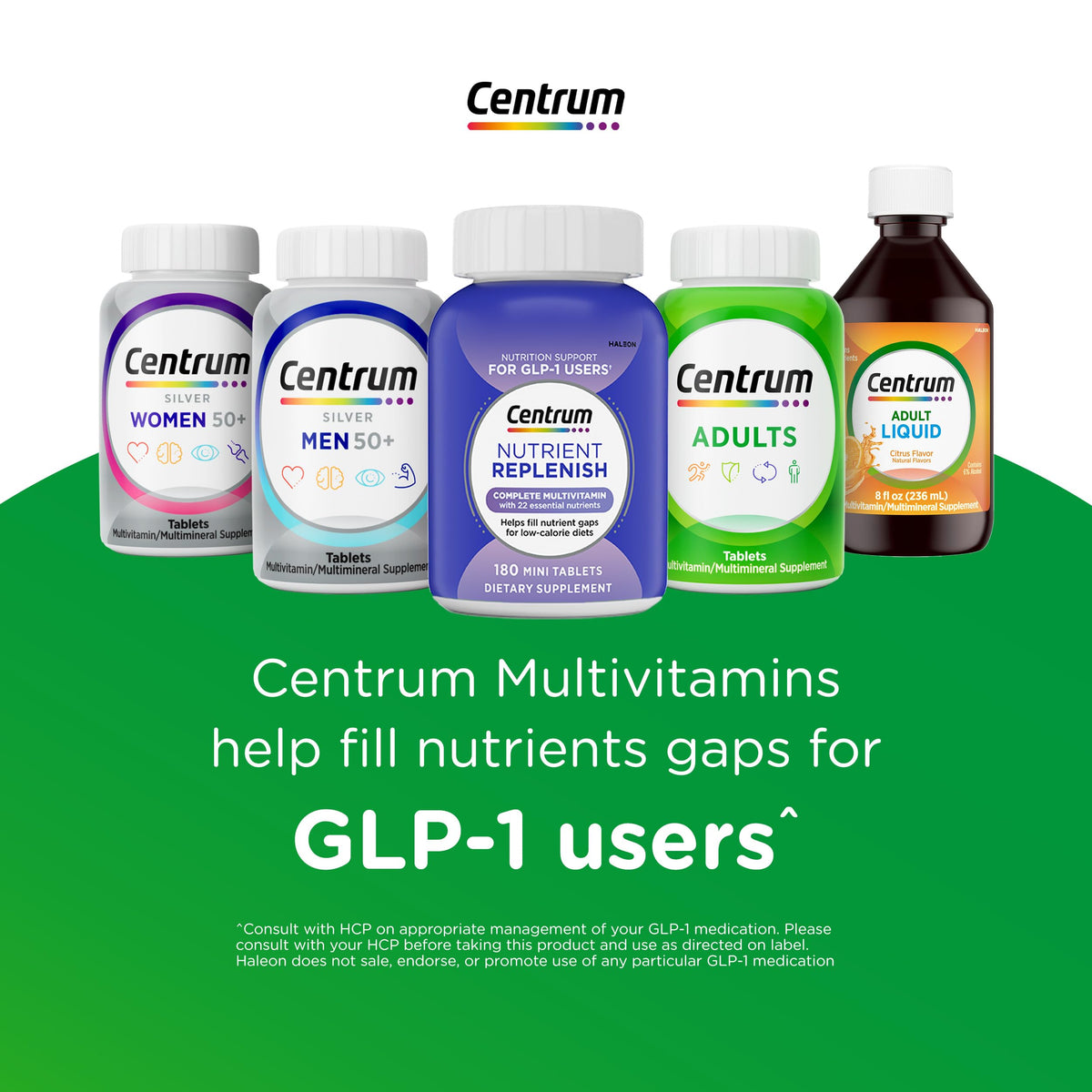 Centrum Multivitamine pour Femmes avec arrière-plan de fruits et légumes