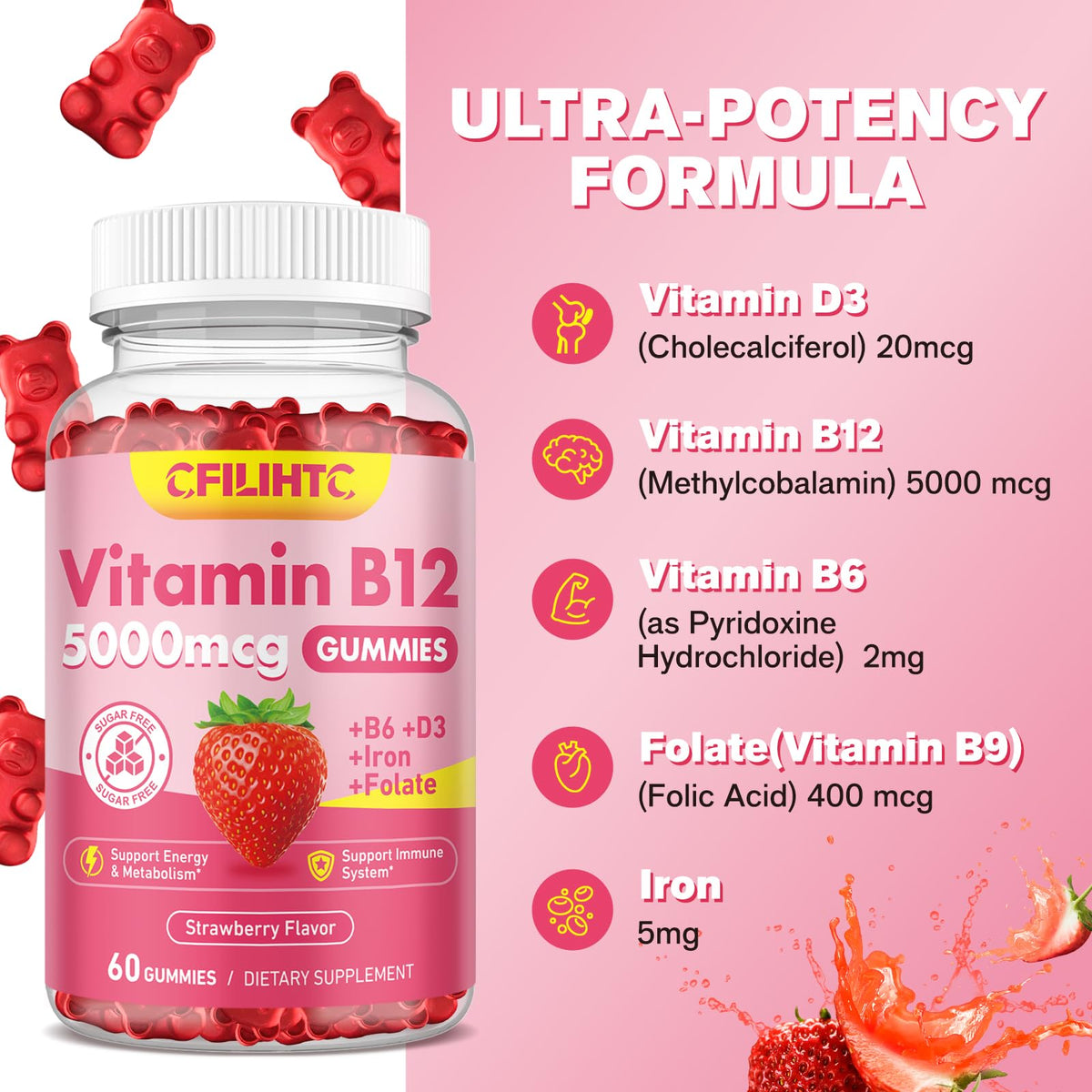 CFILIHTC Gummies de Vitamine B12 5000mcg à croquer