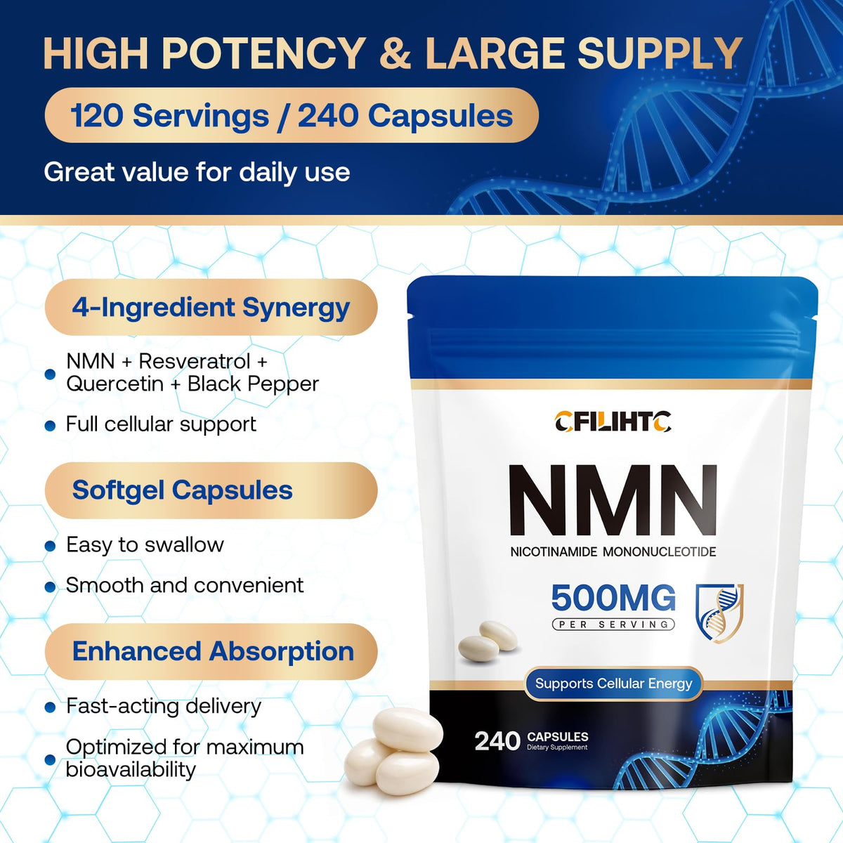 CFILIHTC NMN 500mg sur un comptoir de cuisine