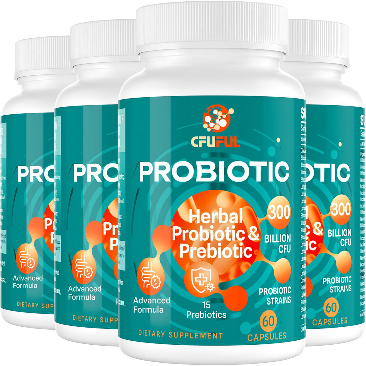 Cfuful Probiotiques 300 Milliards CFU 24 Souches et 15 Herbes, flacon de 240 capsules