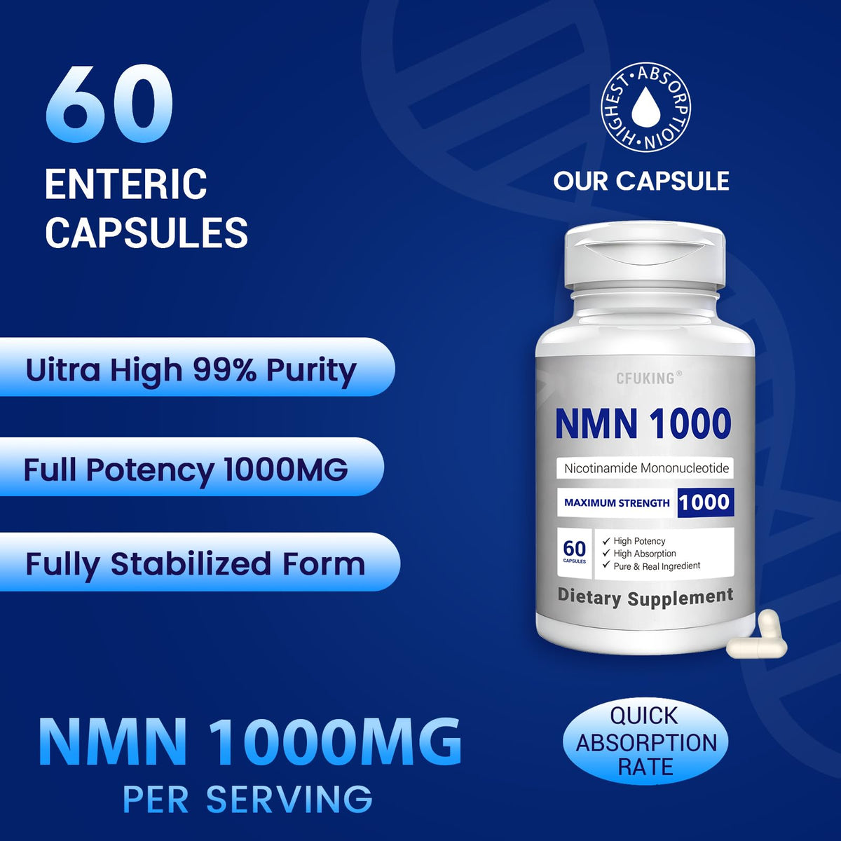 CFUKING NMN 1000mg capsules avec un verre d'eau