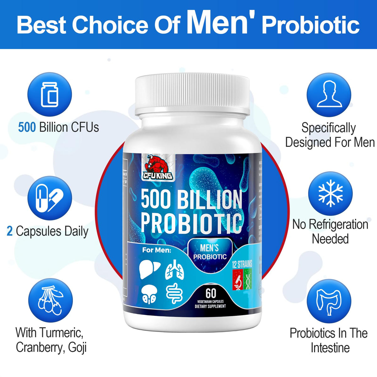 CFUKING Probiotiques pour Hommes 500 Milliards CFU 60 Capsules en mode de vie actif