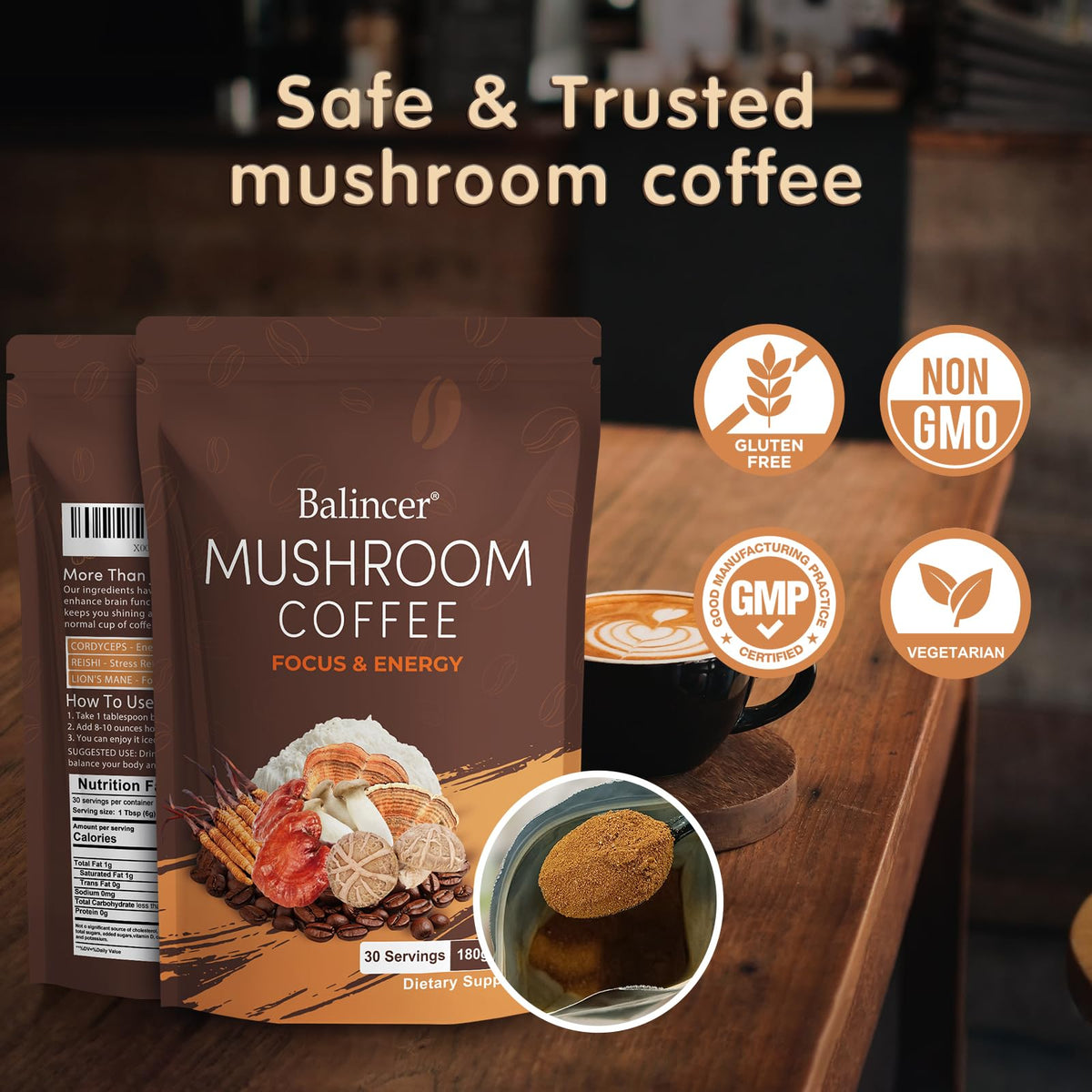Champignons adaptogènes utilisés dans le Café Balincer