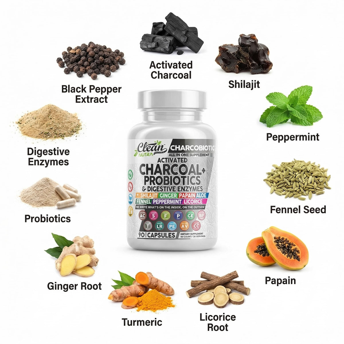 CharcoBiotic 90 capsules de charbon actif avec ingrédients