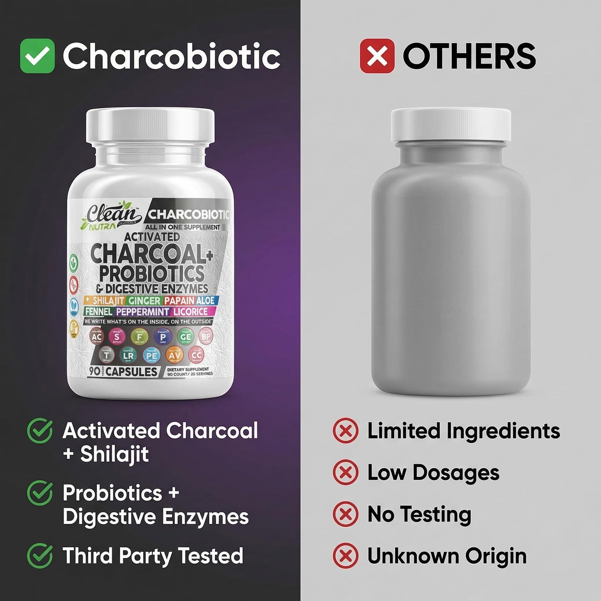 CharcoBiotic 90 capsules de charbon actif avec verre d'eau