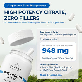 CHEERS Complément Alimentaire Citrate de Potassium 948mg côté avec gélules