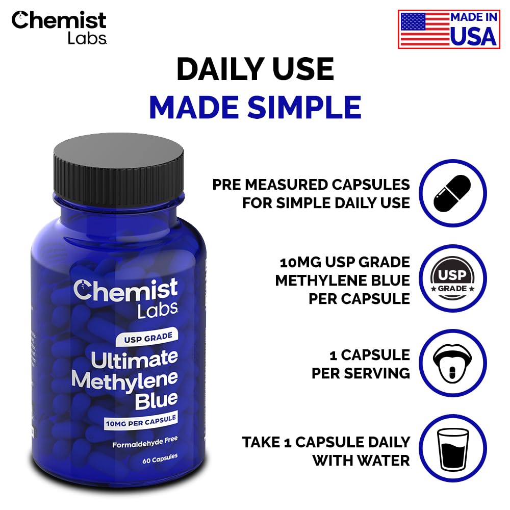 Chemist Labs Methylene Blue capsules with a measuring spoon