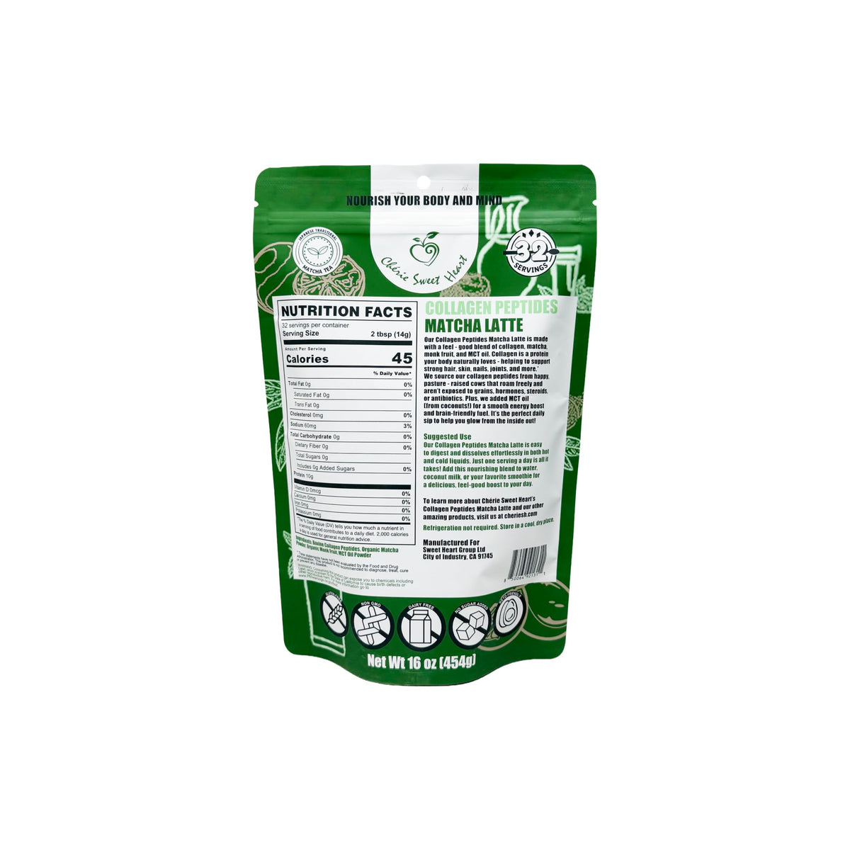 Chérie Sweet Heart Poudre de Collagène Peptidique Matcha Latte 431g avec des fruits