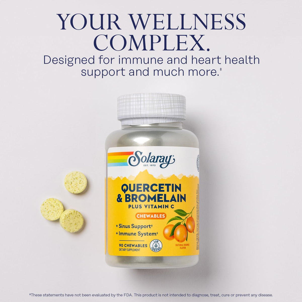 Chewables orange SOLARAY Quercétine Bromélaïne sur fond blanc