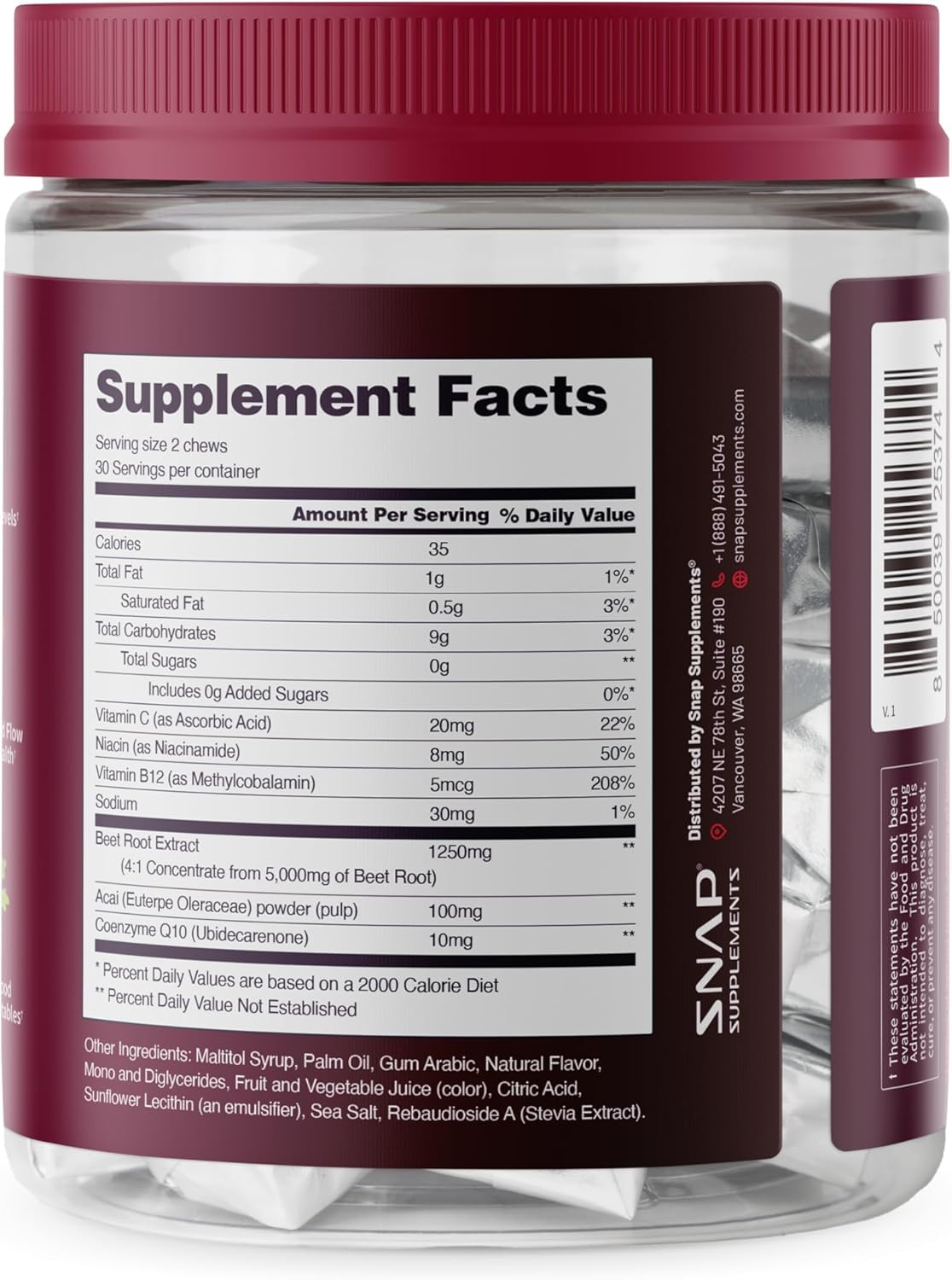 Chews de Betterave Snap Supplements en portion de 2 pieces