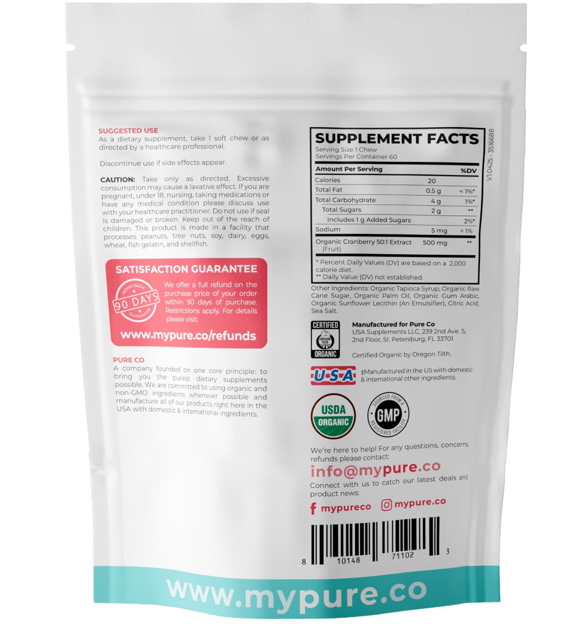 Chews de Cranberry PURE CO, arrière de l'emballage
