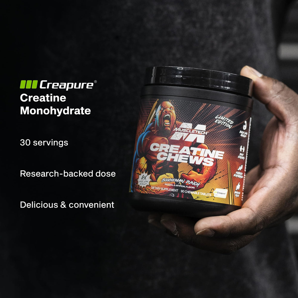 Chews de Créatine MuscleTech à côté d'un shaker