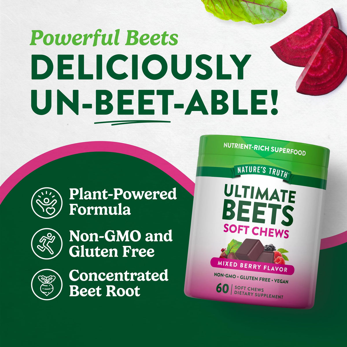 Chews de Racine de Betterave Nature's Truth, présentation dans un bol