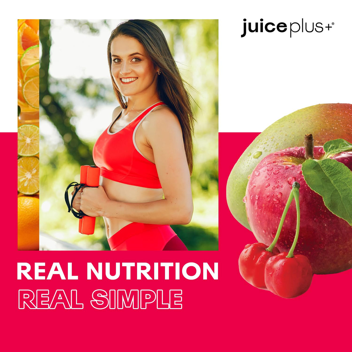 Chews Juice Plus+ en main avec fruits à côté