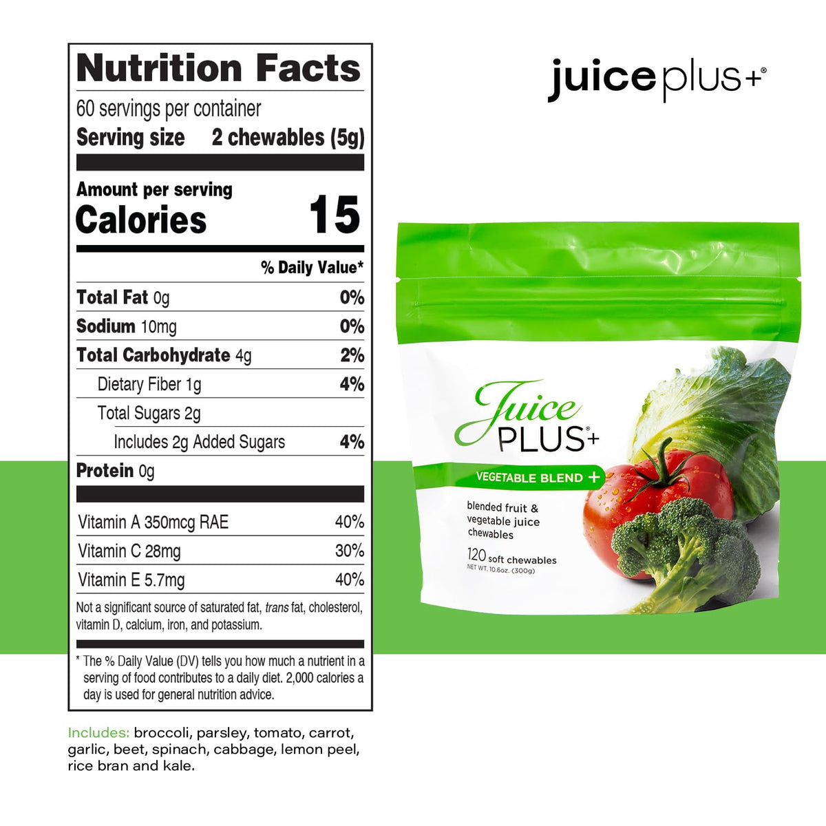 Chews Juice Plus+ en présentation avec fruits et légumes