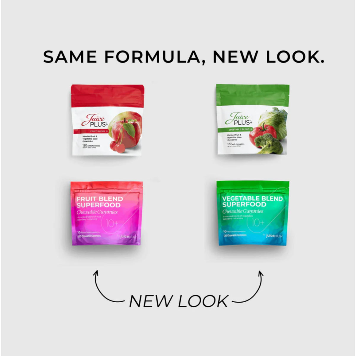 Chews Juice Plus+ sur une table avec des fruits frais