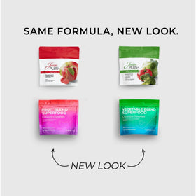 Chews Juice Plus+ sur une table avec des fruits frais