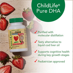 CHILDLIFE ESSENTIALS DHA Pur pour Enfants gélules à mâcher, gélules ouvertes montrant le contenu