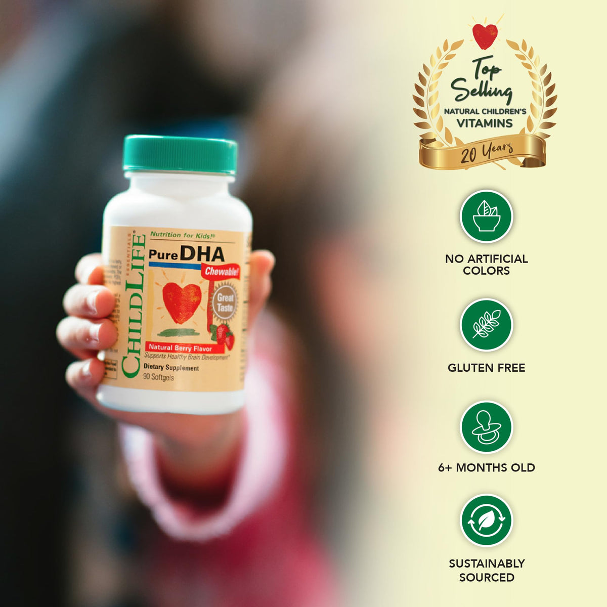 CHILDLIFE ESSENTIALS DHA Pur pour Enfants gélules à mâcher, gélules sur une table