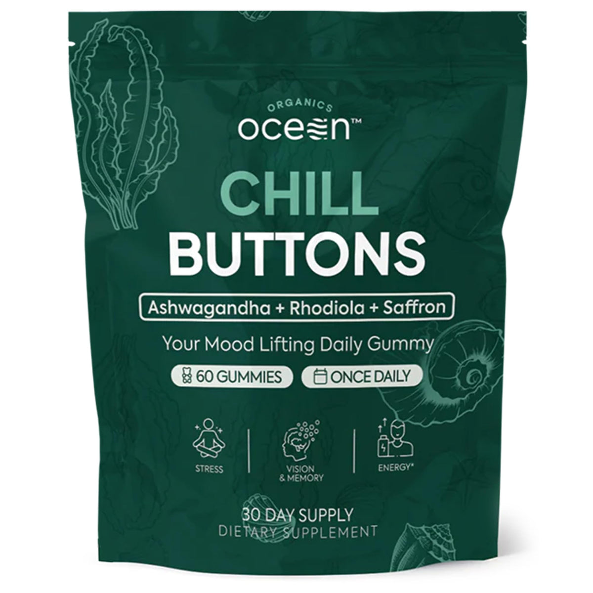 Chill Buttons Organics Ocean gélifiés Ashwagandha 60 unités devant l'emballage