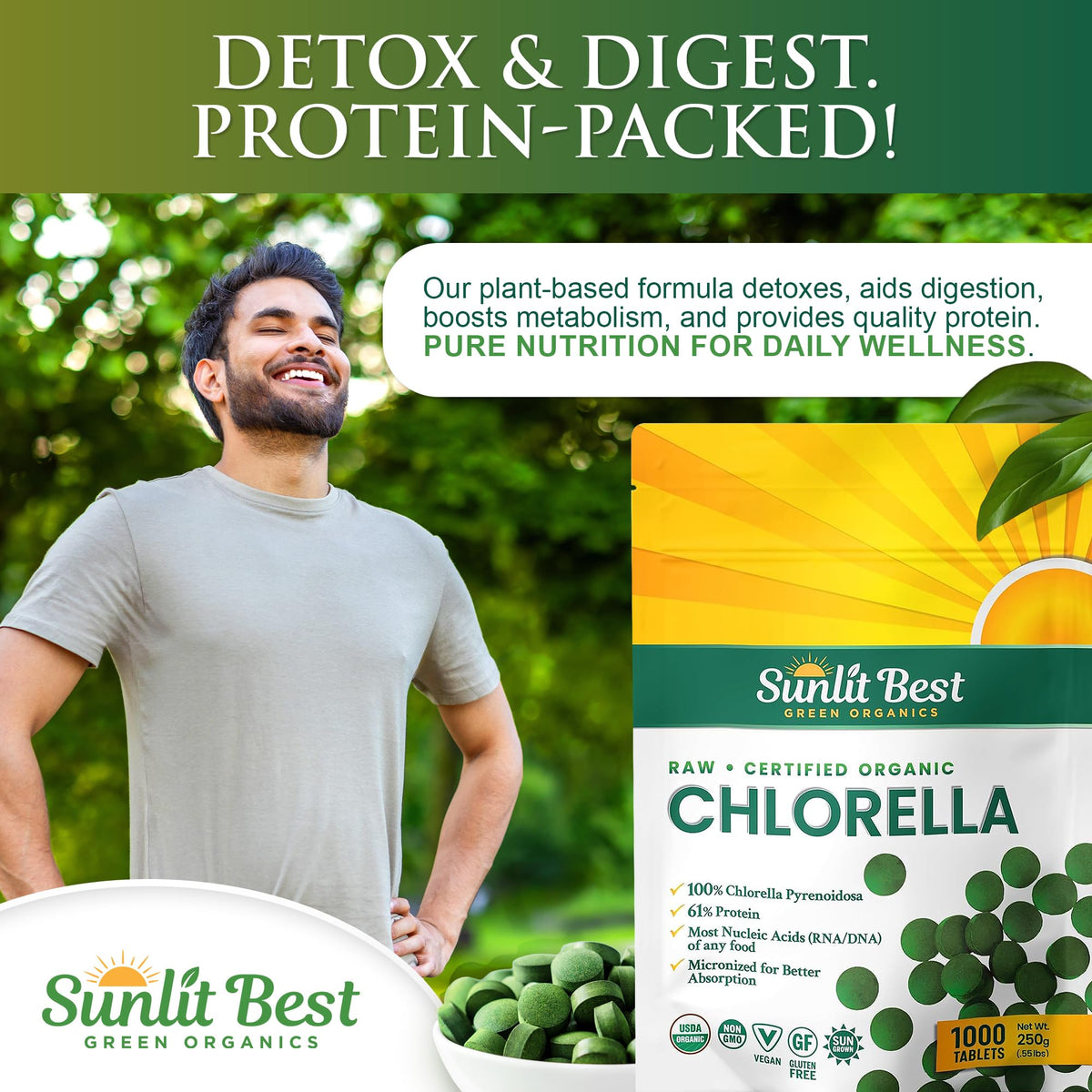Chlorella Sunlit Best avec des légumes frais en arrière-plan