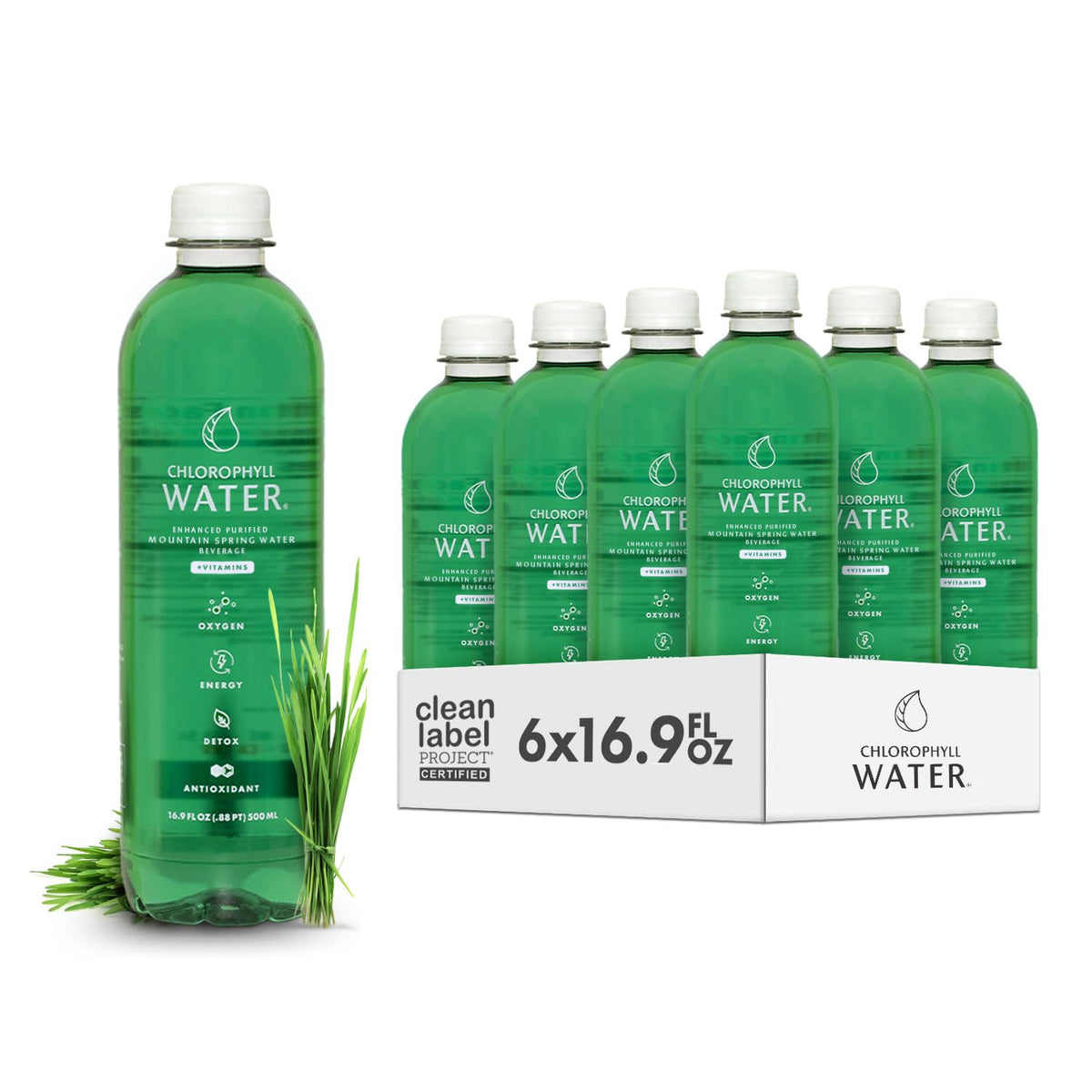 Chlorophyll Water 6-pack bouteilles de chlorophylle 16,9oz vue de face