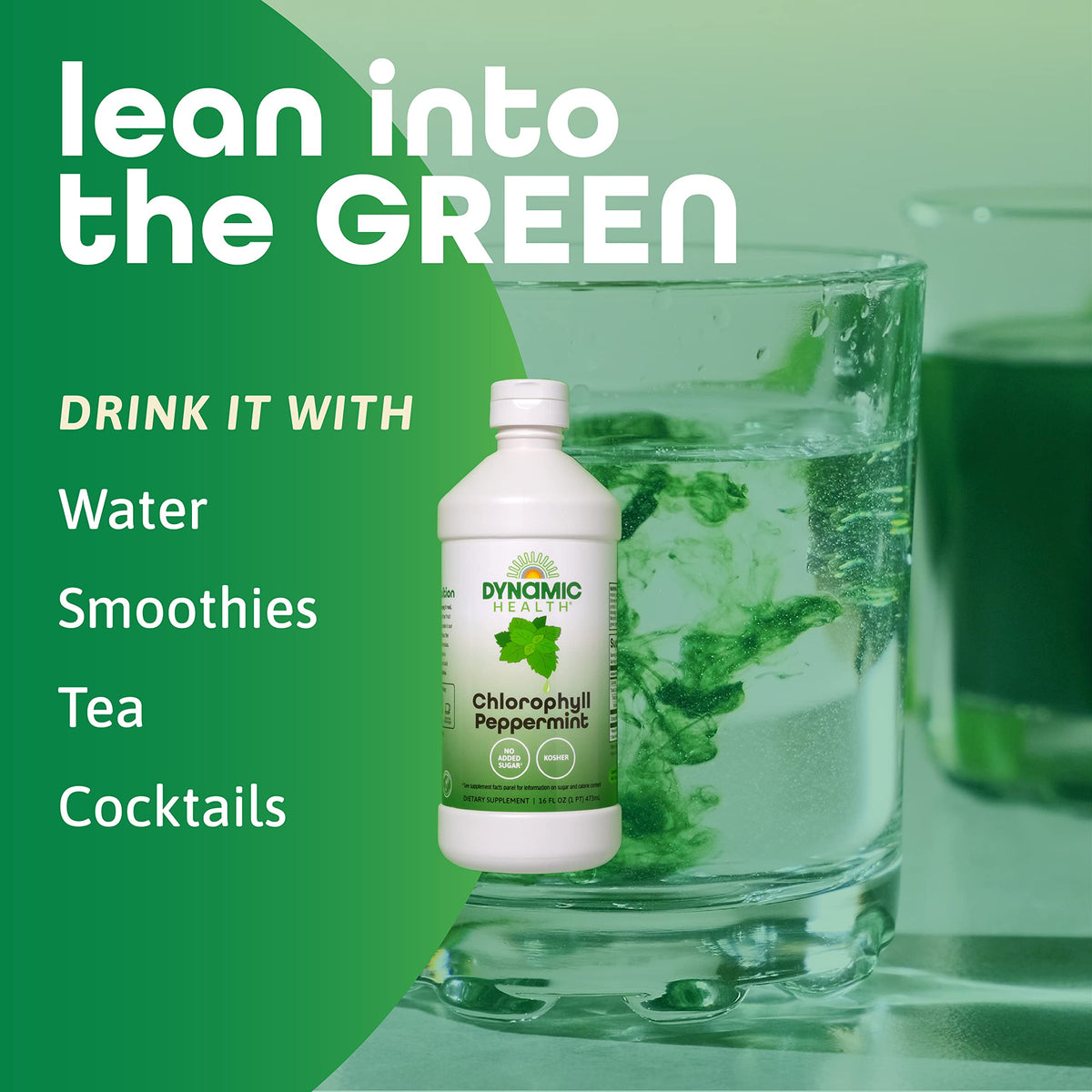 Chlorophylle liquide Dynamic Health dans un verre avec de l'eau