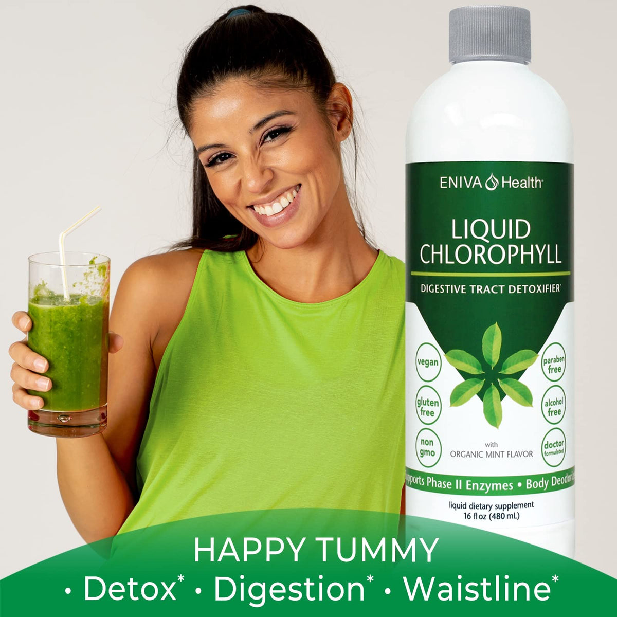 Chlorophylle Liquide Eniva à côté d'un smoothie