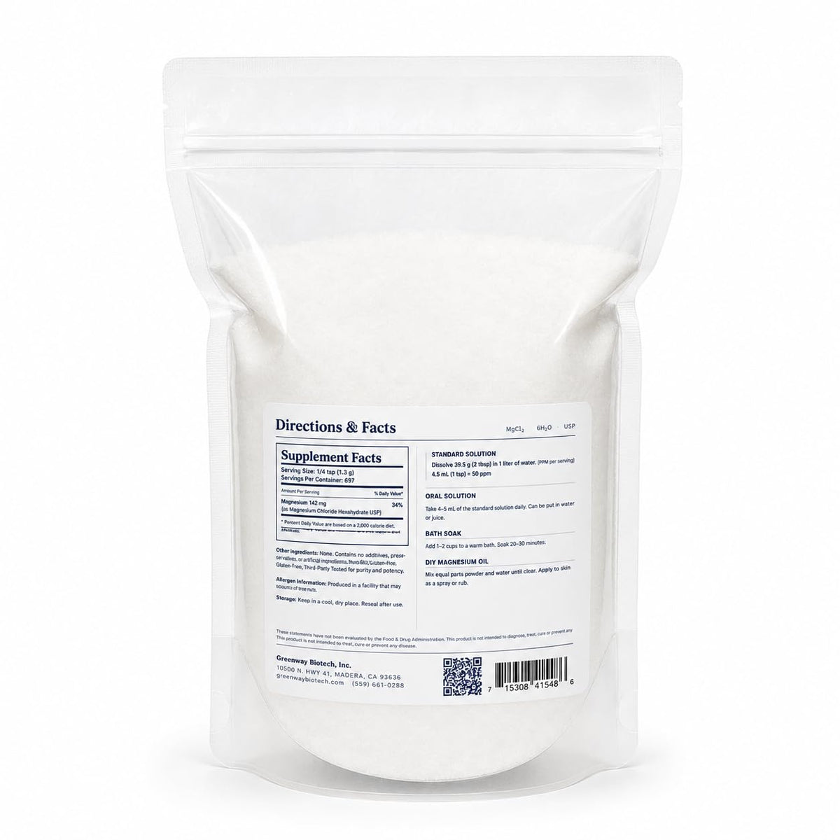 Chlorure de Magnésium Comestible Greenway Biotech 889 g, poudre dans un verre d'eau
