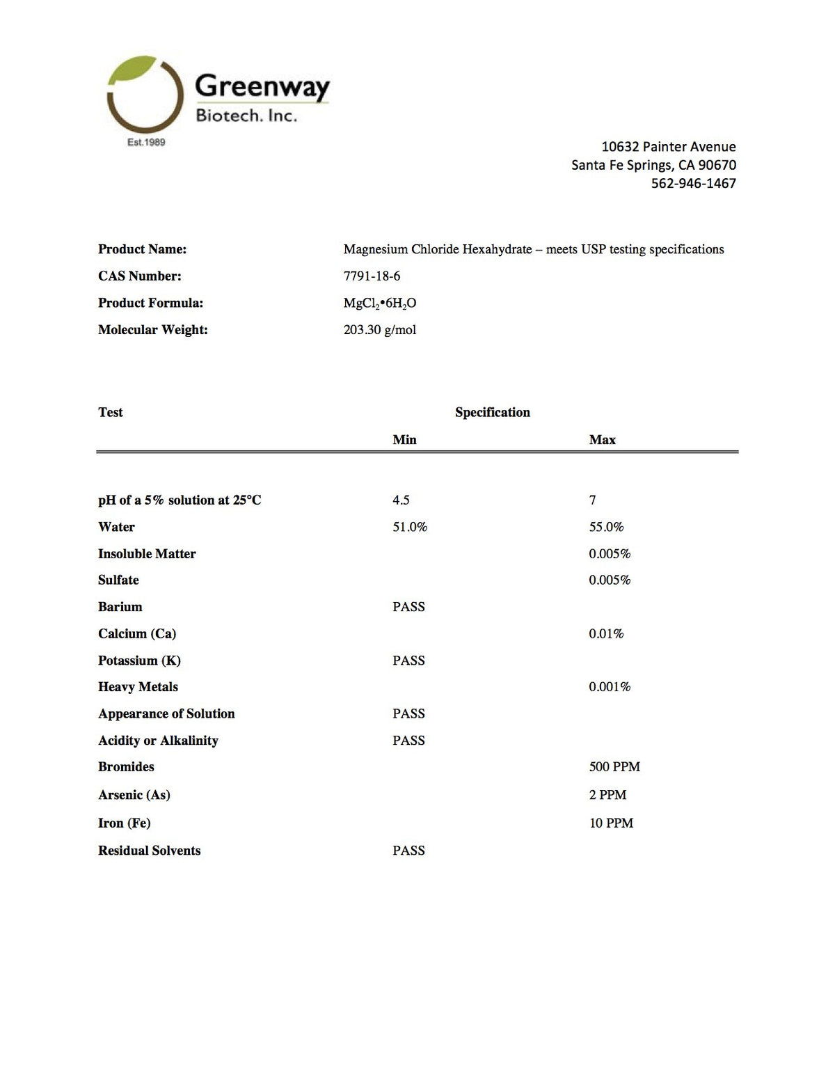 Chlorure de Magnésium Comestible Greenway Biotech 889 g, utilisation avec des jus