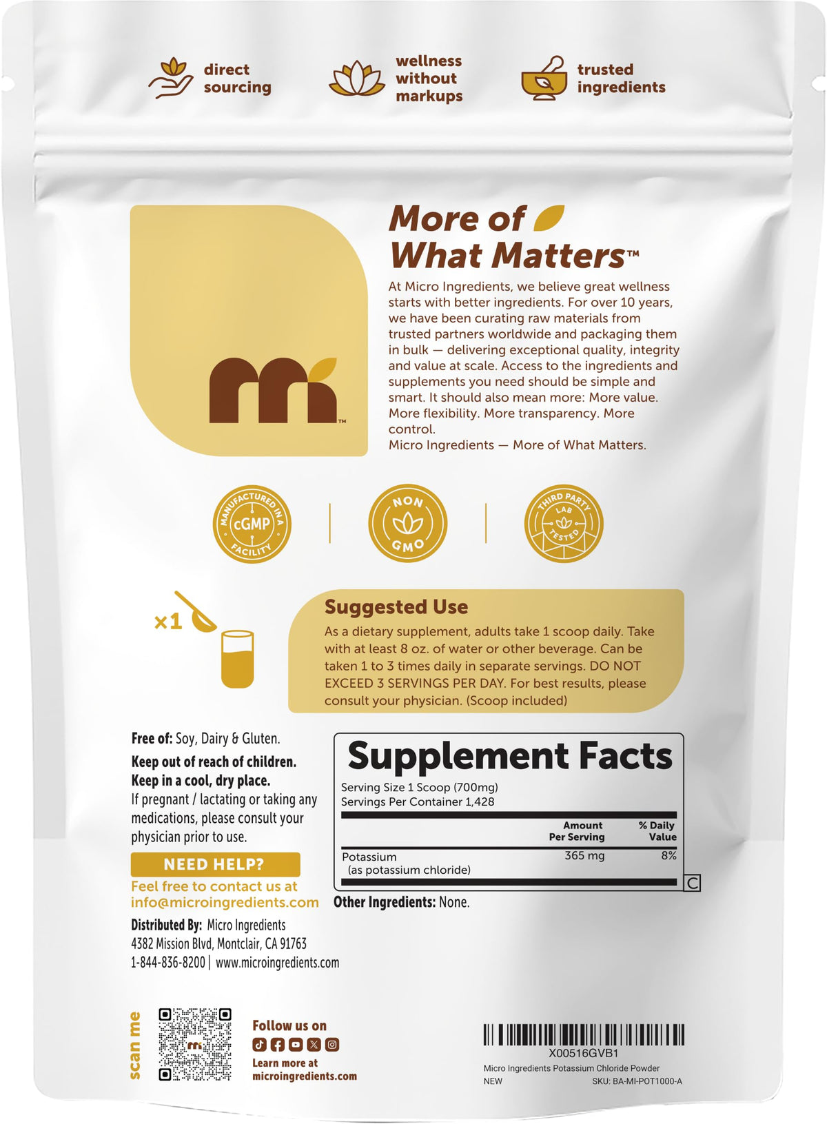 Chlorure de potassium Micro Ingredients 1021 g avec d'autres compléments alimentaires