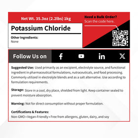 Chlorure de potassium Vivion 1000g, étiquette avec spécifications