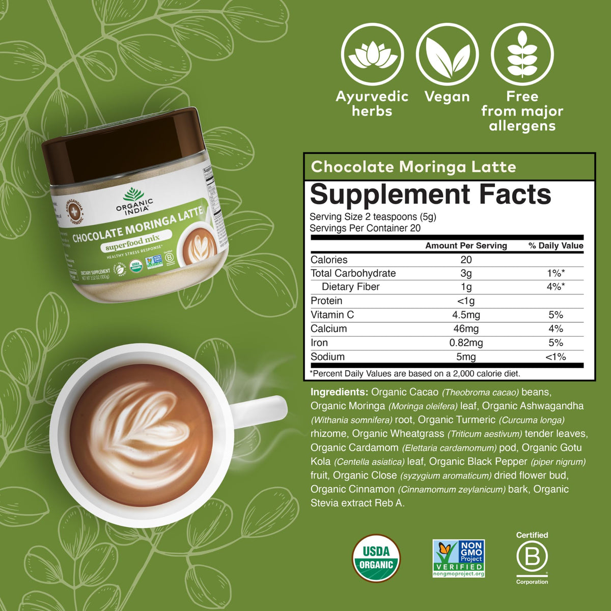 Chocolat Moringa Latte ORGANIC INDIA avec une vue d'ensemble des superaliments